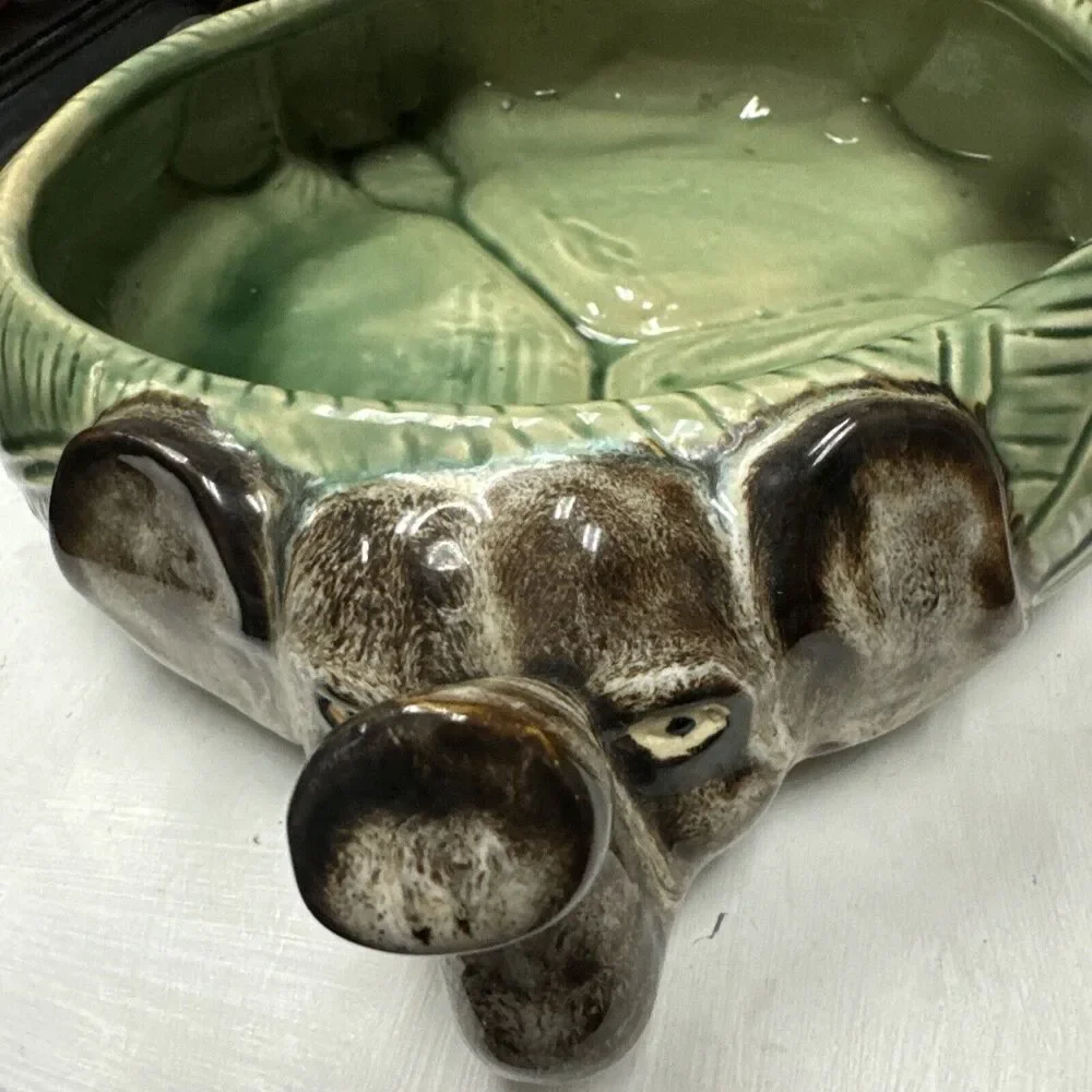 Vintage Elephant Heads Ceramic Planter Green Trunk‎ Up Roughly 10-13” x 4”